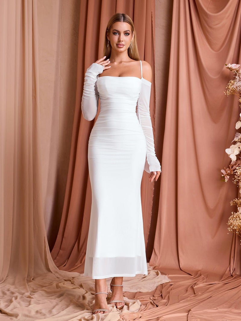 EYNMIN Women's Fall Wedding Guest Dresses Long Sleeve Spaghetti Strap Mesh Ruched Bodycon Maxi Formal Dress White - Image 5