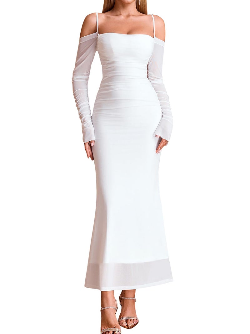 EYNMIN Women's Fall Wedding Guest Dresses Long Sleeve Spaghetti Strap Mesh Ruched Bodycon Maxi Formal Dress White - Image 1