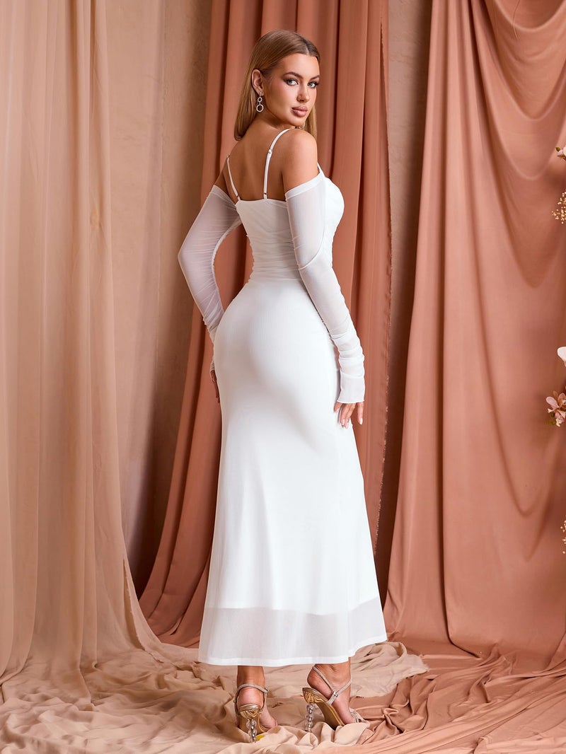 EYNMIN Women's Fall Wedding Guest Dresses Long Sleeve Spaghetti Strap Mesh Ruched Bodycon Maxi Formal Dress White - Image 4