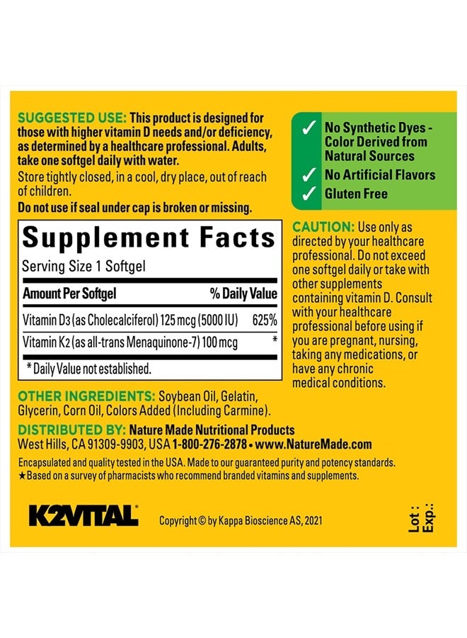 Nature Made Vitamin D3 K2, 5000 IU (125 mcg) Vitamin D, Dietary Supplement for Bone, Teeth, Muscle and Immune Health Support, 30 Softgels, 30 Day Supply - Image 5