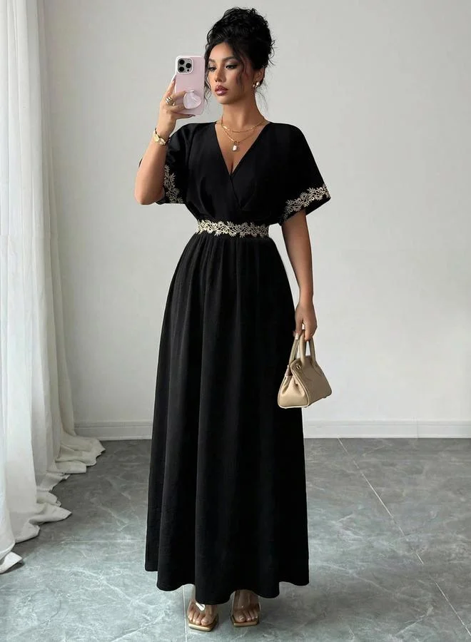 Take Two Black Short Sleeve Maxi Dress with Gold Trim