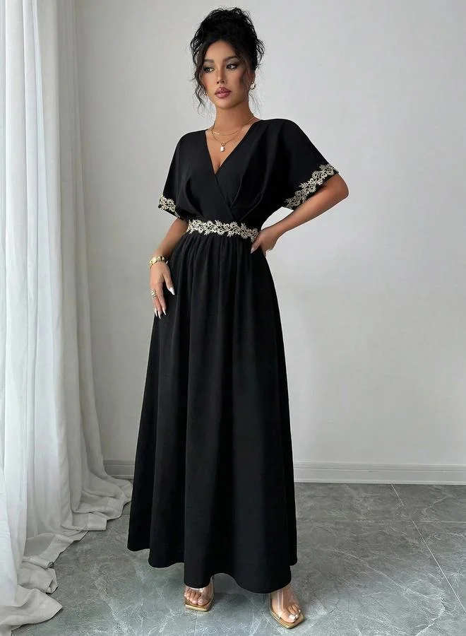Take Two Black Short Sleeve Maxi Dress with Gold Trim