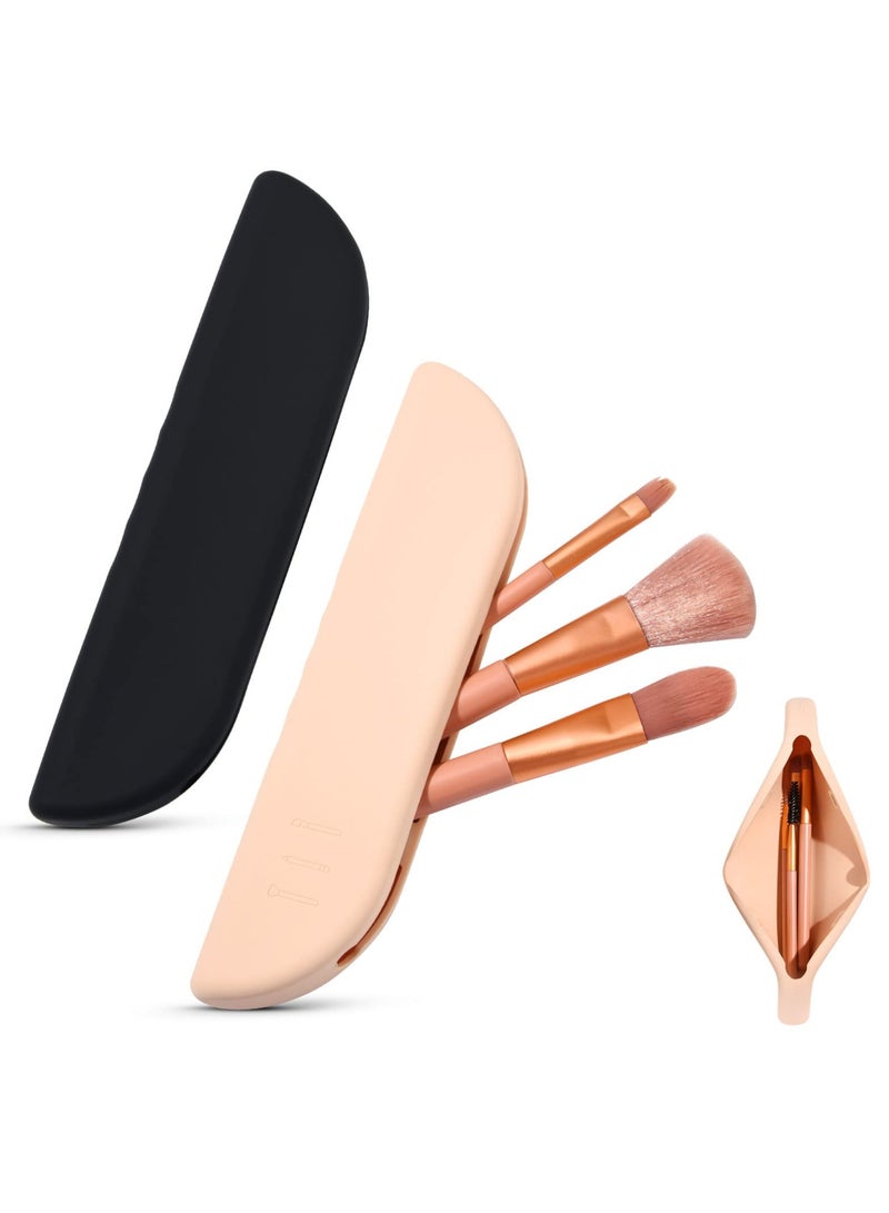 SOLARAE 2 Pcs Travel Makeup Brush Bag, Silicone Makeup Brush Holder Portable Cosmetic Face Brush Storage Bag Soft Silicone Makeup Tools Organizer for Women Small Cosmetic Bag for Travel (Black, Pink) - Image 1