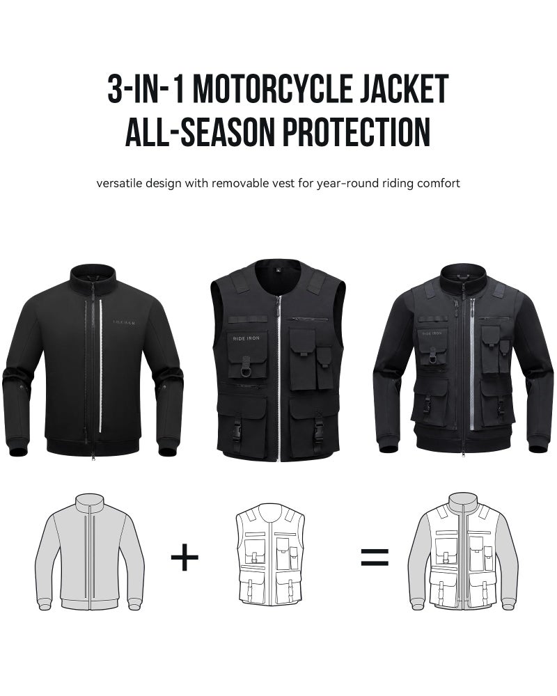 RIDEIRON Motorcycle Jacket with CE Armor, 3-in-1 Riding Jacket with Removable Vest, All-Season Biker Racing Gear M - Image 4