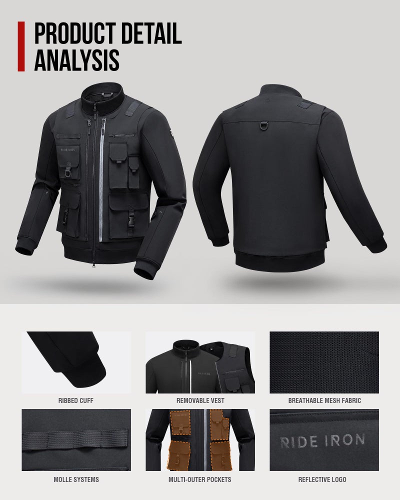 RIDEIRON Motorcycle Jacket with CE Armor, 3-in-1 Riding Jacket with Removable Vest, All-Season Biker Racing Gear M - Image 5