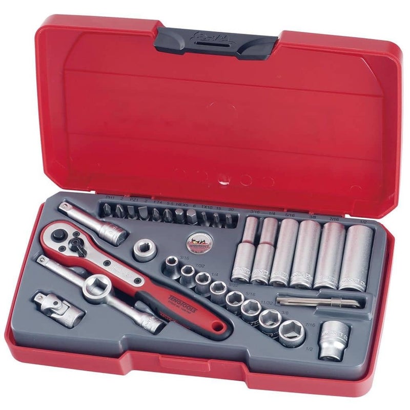 TENGTOOLS Teng Tools 35 Piece 1/4 Inch Drive 6 Point SAE Regular/Shallow & Deep Socket Set - T1435AF, Silver - Image 5