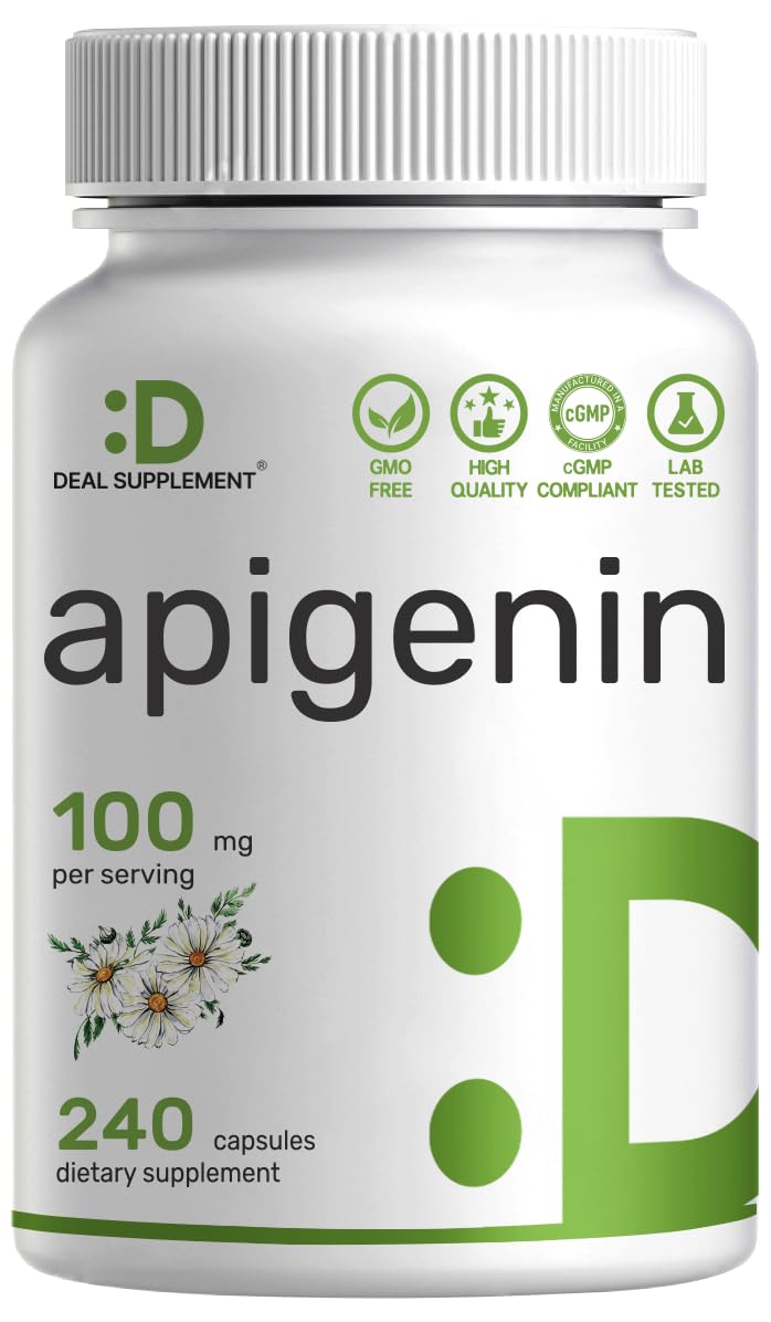 DEAL SUPPLEMENT Apigenin 100mg Per Serving 240 Capsules Raw Plant Extract from Chamomile Flower Active Bioflavonoids Antioxidants Sleep Relaxation Supplement NonGMO