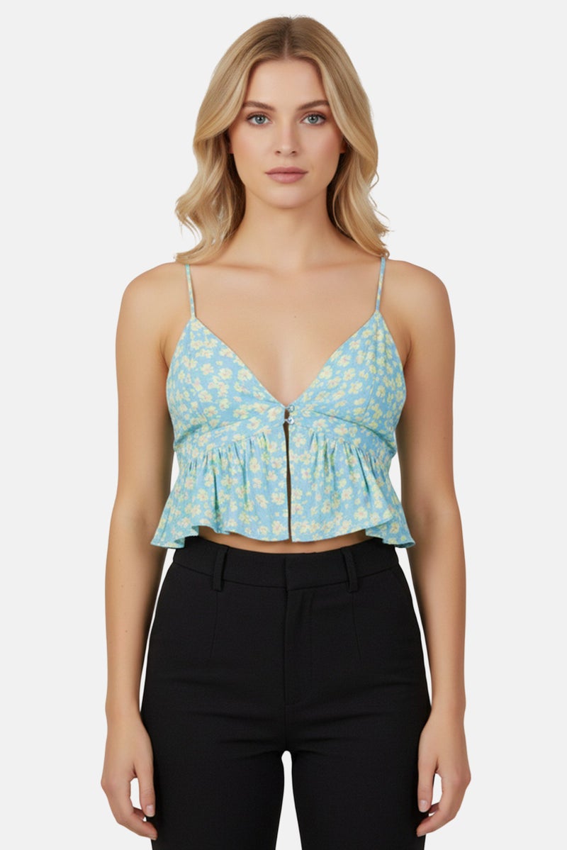 Bershka Women Halter Neck Sleeveless Floral Pattern Tank Top, Multicolor - Image 1