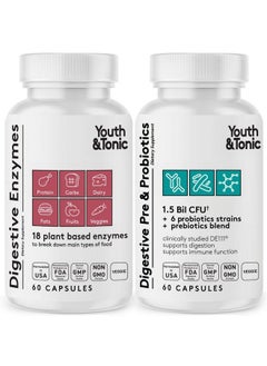 Youth & Tonic Digestive Supplement for Bloating, Regularity & Gut Health. Full Spectrum Enzymes Probiotics & Prebiotics for Digestion to Break Down Food and to Use Daily, for Women & Men - 120 Pills