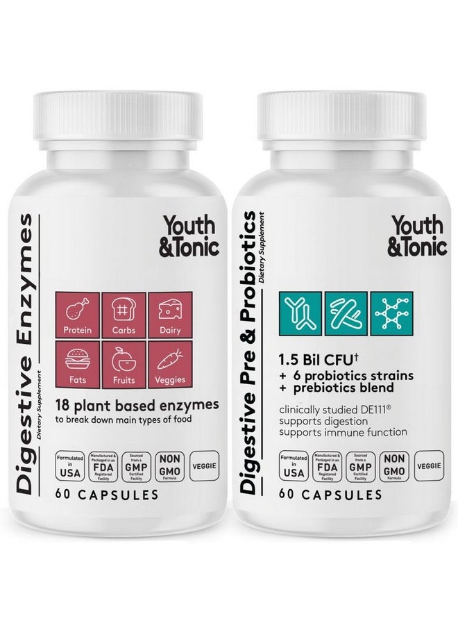 Youth & Tonic - Youth & Tonic Digestive Supplement for Bloating, Regularity & Gut Health. Full Spectrum Enzymes Probiotics & Prebiotics for Digestion to Break Down Food and to Use Daily, for Women & Men - 120 Pills - Image 1