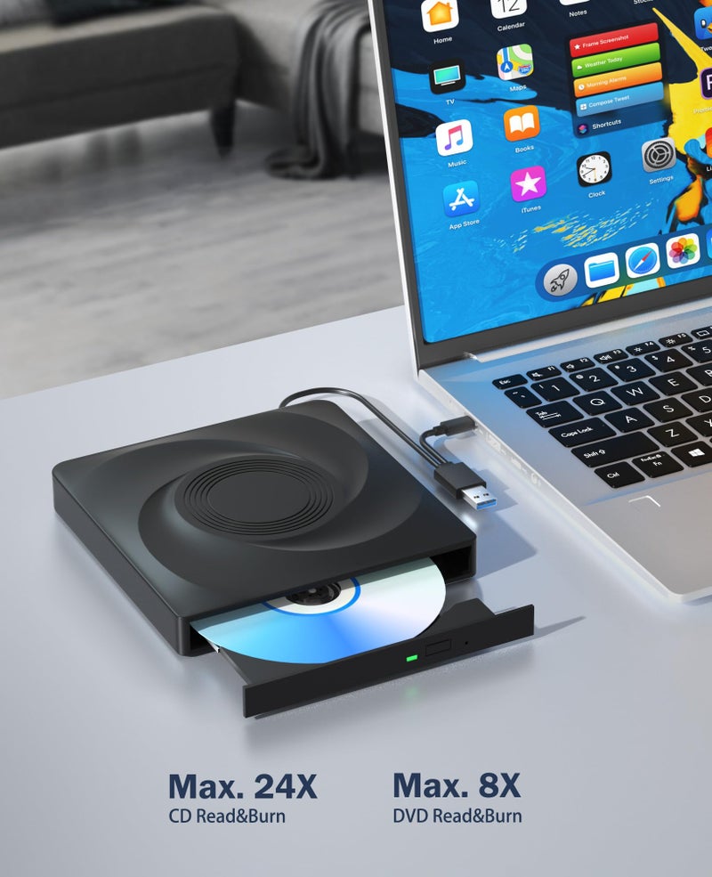 Wbacon External CD/DVD Drive for Laptop External DVD Drive, DVD Player Portable CD Reader for Laptop, CD Burner Compatible with PC Windows 11/10//7 Linux Mac OS - Image 2