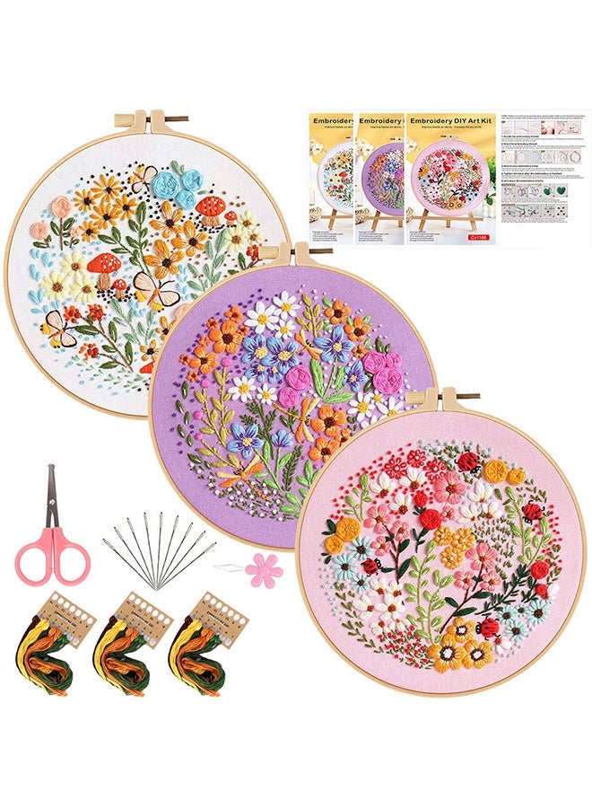 3 Sets Flower Pattern Embroidery Starter Kits with Hoop, Full Range Hand Stamped Cross Stitch Kit for Adults Beginners Home Decor Gift - Image 1