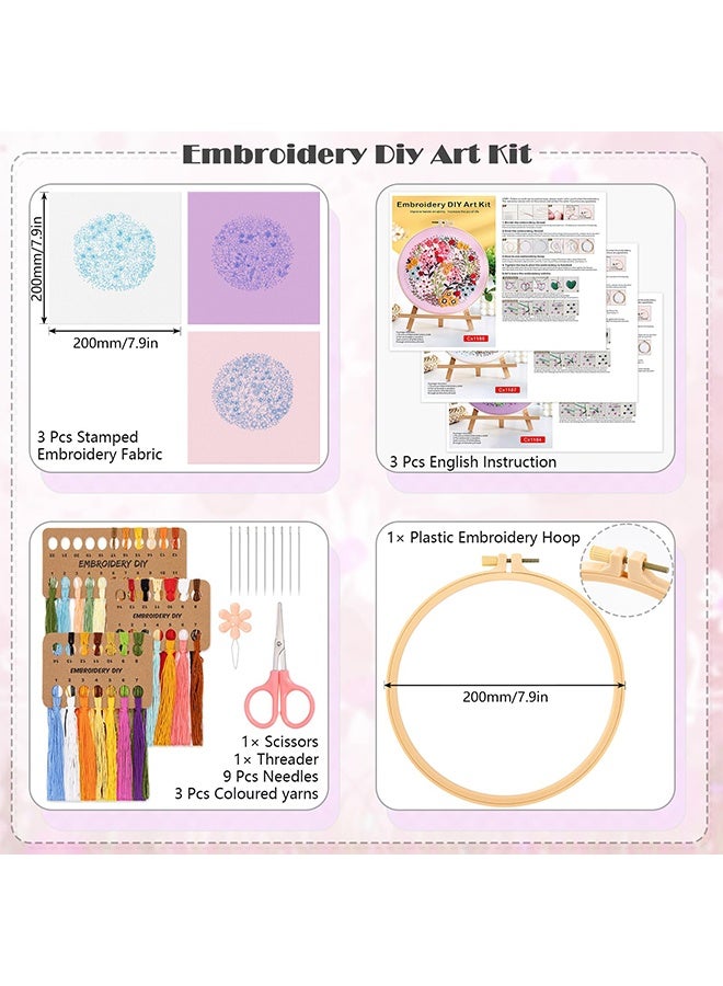 3 Sets Flower Pattern Embroidery Starter Kits with Hoop, Full Range Hand Stamped Cross Stitch Kit for Adults Beginners Home Decor Gift - Image 2