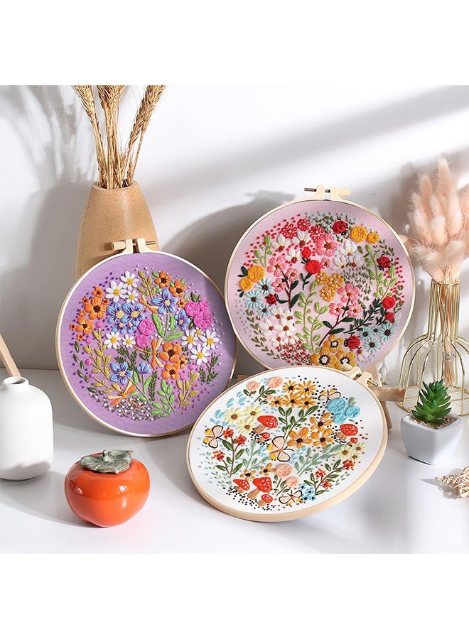 3 Sets Flower Pattern Embroidery Starter Kits with Hoop, Full Range Hand Stamped Cross Stitch Kit for Adults Beginners Home Decor Gift - Image 4
