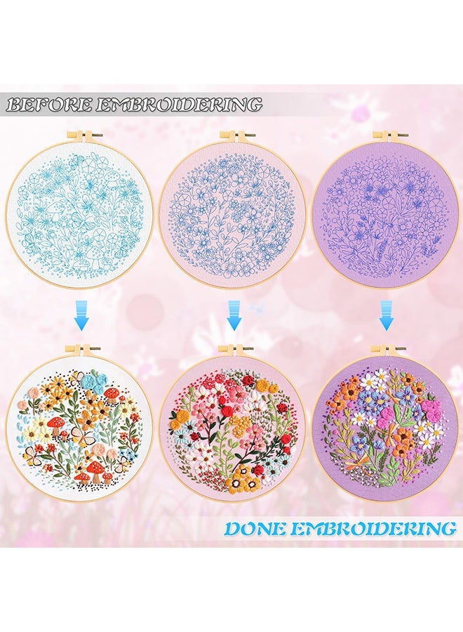 3 Sets Flower Pattern Embroidery Starter Kits with Hoop, Full Range Hand Stamped Cross Stitch Kit for Adults Beginners Home Decor Gift - Image 3