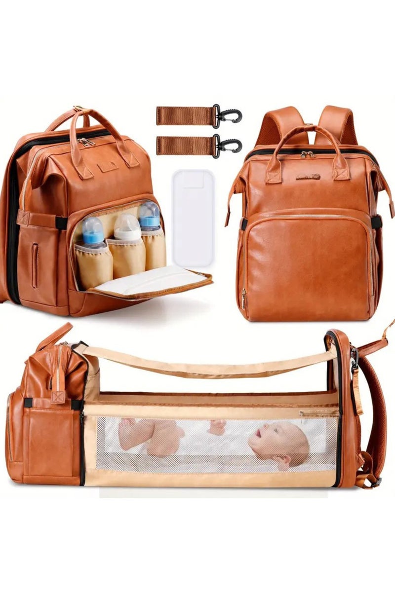 Leather Diaper Bag Backpack with Baby Bed, USB Port & Insulated Bottle Pockets – Large Capacity Travel Organizer for Mom & Dad - Image 1