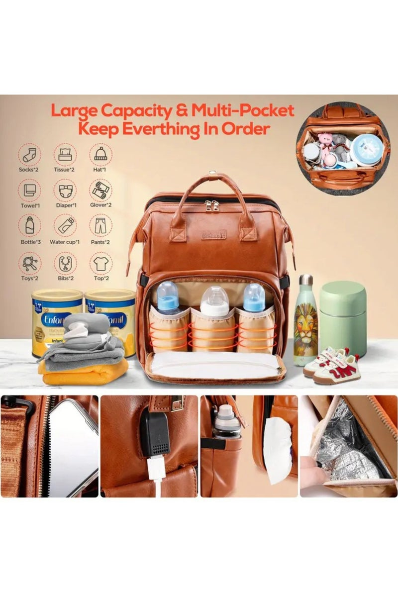 Leather Diaper Bag Backpack with Baby Bed, USB Port & Insulated Bottle Pockets – Large Capacity Travel Organizer for Mom & Dad - Image 2