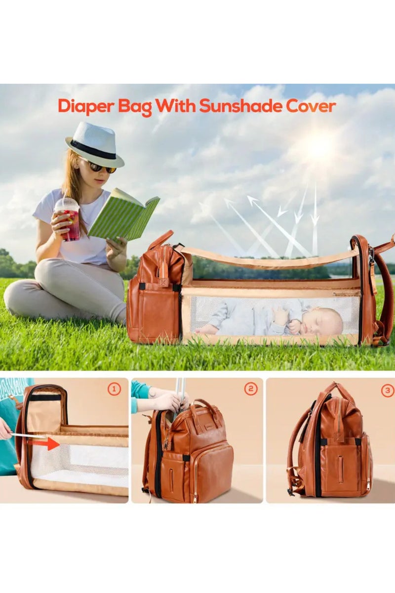 Leather Diaper Bag Backpack with Baby Bed, USB Port & Insulated Bottle Pockets – Large Capacity Travel Organizer for Mom & Dad - Image 3