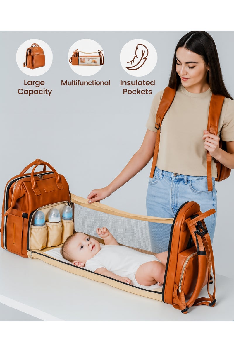 Leather Diaper Bag Backpack with Baby Bed, USB Port & Insulated Bottle Pockets – Large Capacity Travel Organizer for Mom & Dad - Image 4