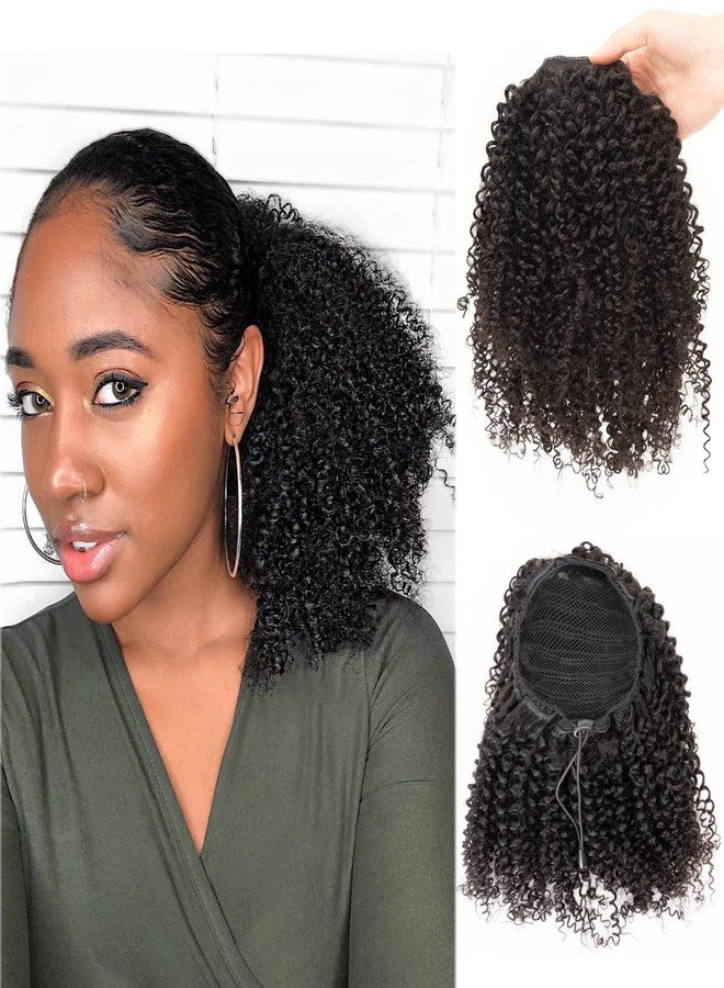 FEIPRO Afro Puff Drawstring Ponytail Human Hair 8a Brazilian Virgin Hair 2 Clip In Natural Kinky Curly Puffs Updo Chignon Buns Extension for Black Women Girls 12 Inch #1B Natural Black - Image 1