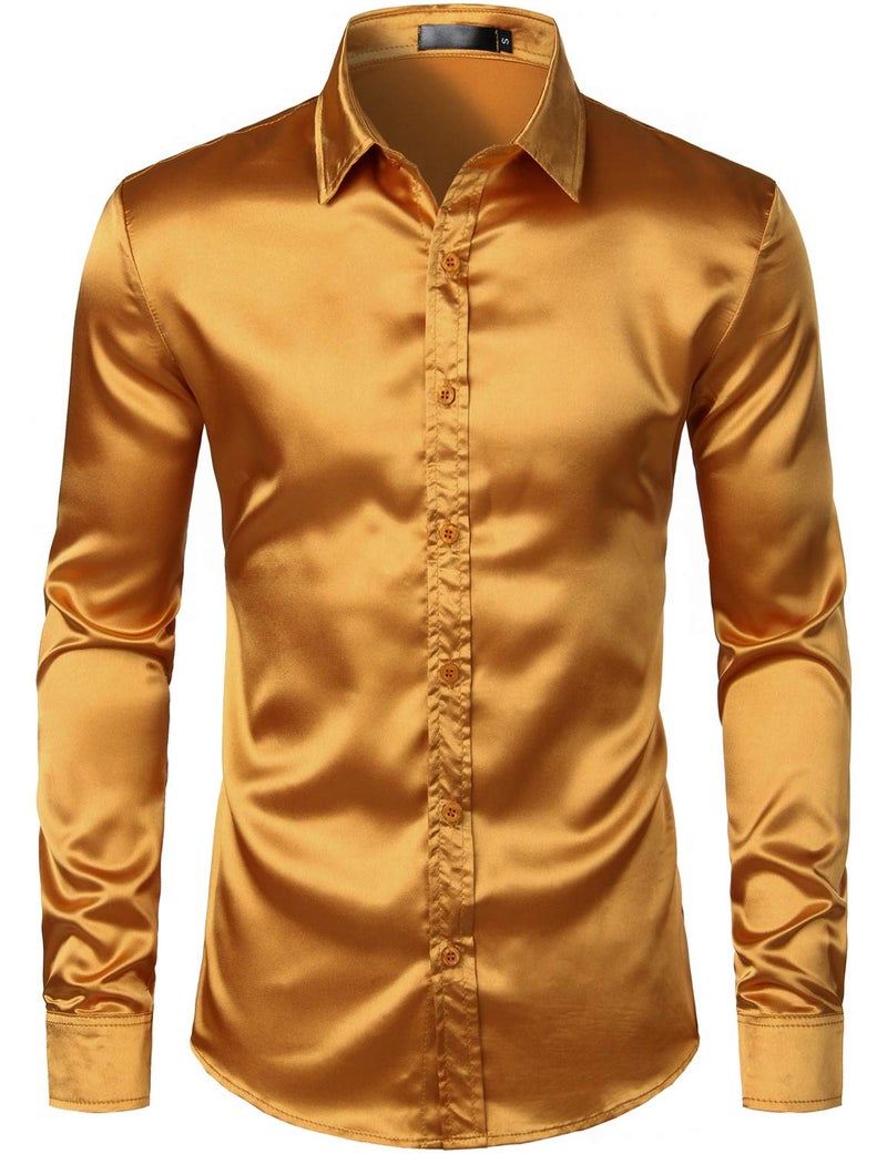 ZEROYAA Men's Luxury Shiny Silk Like Satin Button Up Dress Shirts ZLCL14-Gold Medium - Image 2
