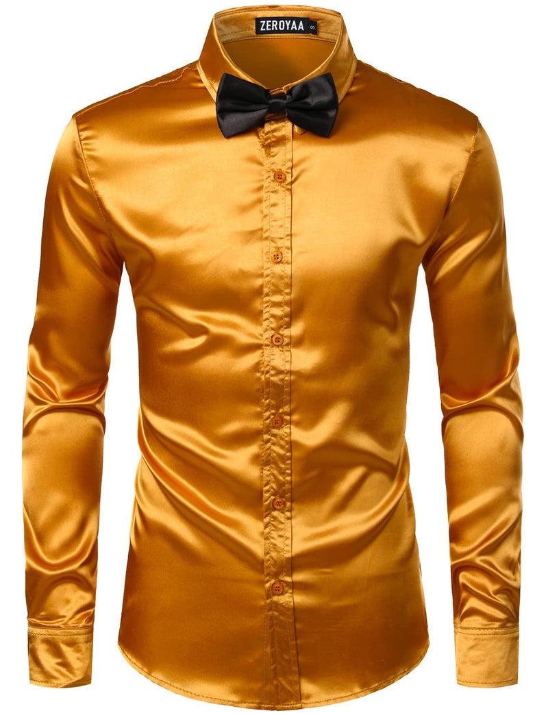 ZEROYAA Men's Luxury Shiny Silk Like Satin Button Up Dress Shirts ZLCL14-Gold Medium - Image 1