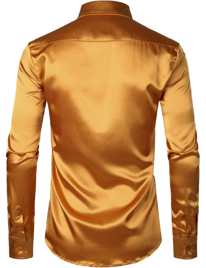ZEROYAA Men's Luxury Shiny Silk Like Satin Button Up Dress Shirts ZLCL14-Gold Medium - Image 3