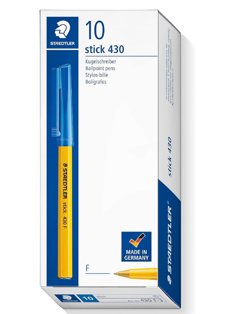 STAEDTLER Stick 430 F-3 Ballpoint Pen Fine, Blue, Pack Of 10 Yellow/Blue