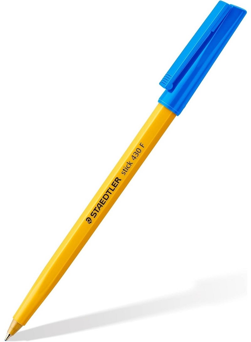 STAEDTLER Stick 430 F-3 Ballpoint Pen Fine, Blue, Pack Of 10 Yellow/Blue
