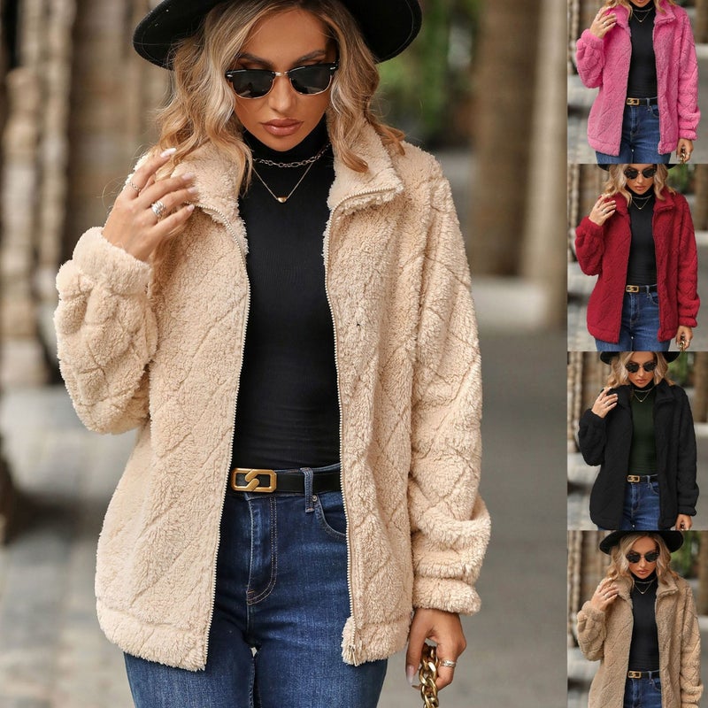 2023 Velvet Cardigan Diamond Plush Jacket Women Khaki  - Image 3