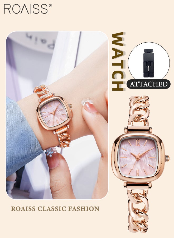 رويس ساعة نسائية مربعة صغيرة أنيقة وخفيفة الوزن، بمينا ملون من عرق اللؤلؤ مع سوار من الذهب الوردي المجوف، ساعة يد وردية كاجوال مقاومة للماء، هدية للنساء - Image 1