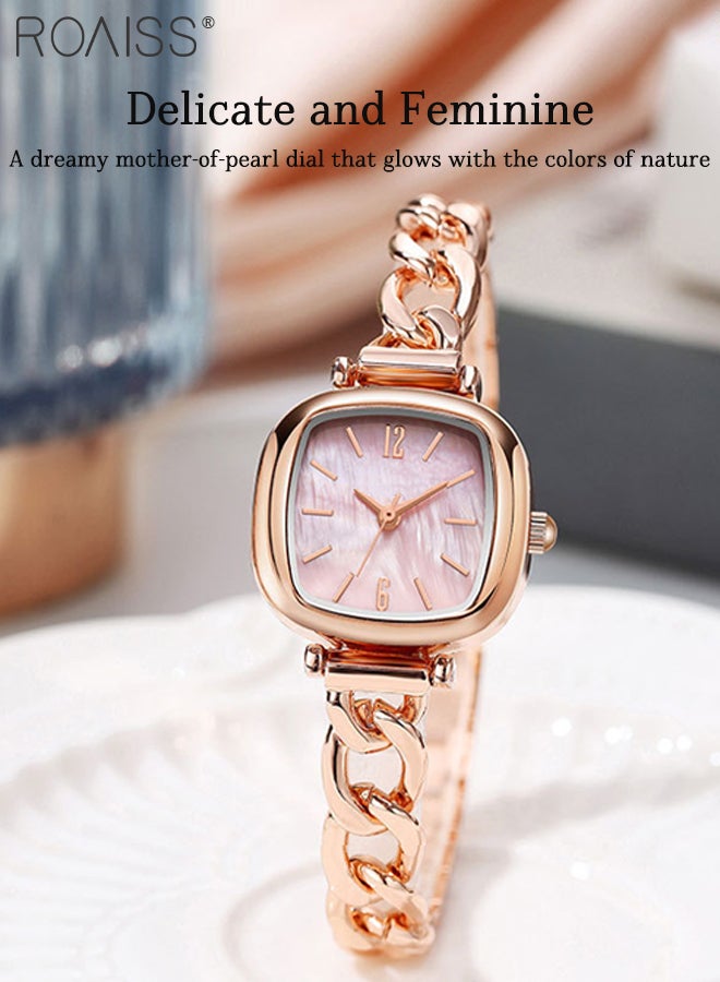 رويس ساعة نسائية مربعة صغيرة أنيقة وخفيفة الوزن، بمينا ملون من عرق اللؤلؤ مع سوار من الذهب الوردي المجوف، ساعة يد وردية كاجوال مقاومة للماء، هدية للنساء - Image 3