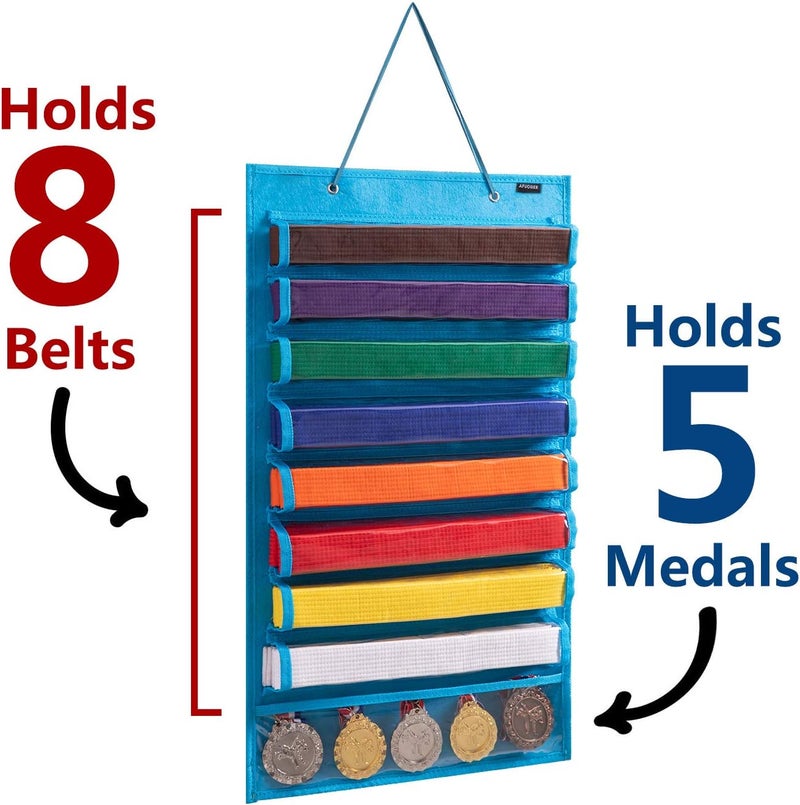 AFUOWER Martial Arts Belt Holder Hanging Display for 8 Belts, Hold 5 Medals - Image 1