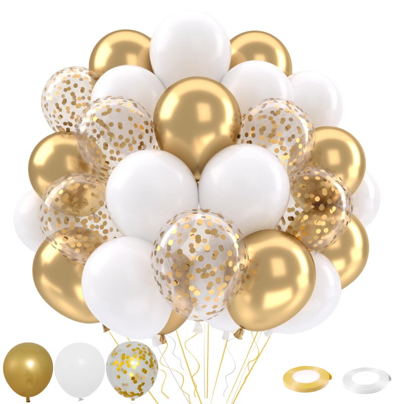 Patimate White and Gold Balloons Set, 50 pcs 12 inch Metallic Gold White Gold Confetti Latex Balloons Kit for Birthday Engagement Wedding Anniversary Party Decorations - Image 1