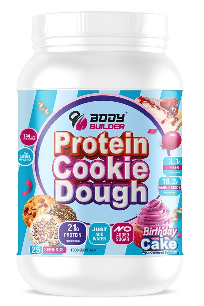 Body Builder High Protein Cookie Dough, Birthday Cake Flavor, 21g Protein, Amino Acids, Low-Calorie, No Added Sugar – Snack or Bake Option, 2.2 LB