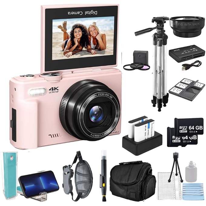 eDealz 4K 64MP Digital Camera Kit for Photography, Vlogging for YouTube w/Flip Screen, WiFi, Wide Angle Lens, Filters, 2X 64GB Micro SD Cards, 50" Tripod - Image 1