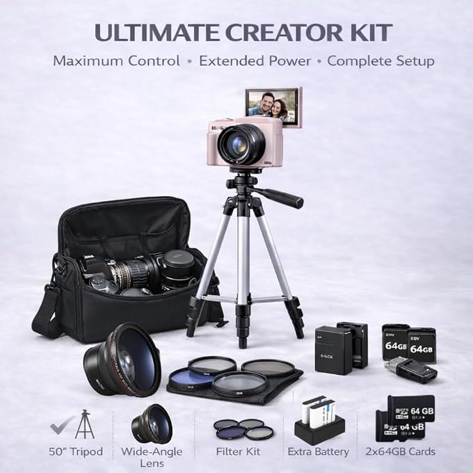 eDealz 4K 64MP Digital Camera Kit for Photography, Vlogging for YouTube w/Flip Screen, WiFi, Wide Angle Lens, Filters, 2X 64GB Micro SD Cards, 50" Tripod - Image 2