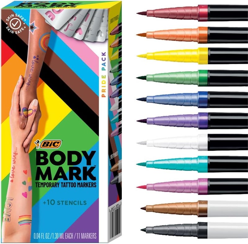 BodyMark BODYMARK BIC Temporary Tattoo Markers for Skin, Pride Pack, Flexible Brush Tip, 11-Count Pack of Assorted Colors, Skin-Safe, Cosmetic Quality, Unique Gifts