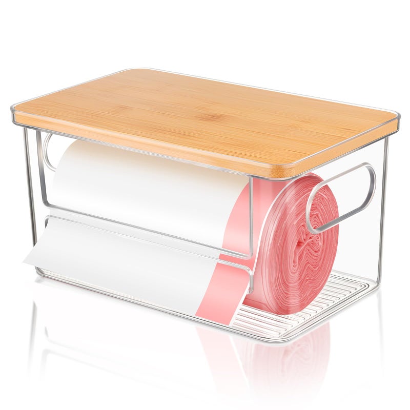 Hiitytin Trash Bag Holder Dispenser, Garbage Bag Dispenser with Bamboo Lid & Handles, Stackable Clear Trash Bag Organizer Under Sink for Kitchen, Pantry, Laundry Room, Cabinet - Image 1