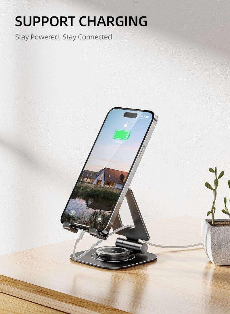 Barakah 360 Rotating Cell Phone Stand, Fully Adjustable Foldable Desktop Phone Holder Cradle Dock, Cradle, Holder, Aluminum Desktop Stand, Thick Case Friendly, Compatible with All Phones, Black - Image 2