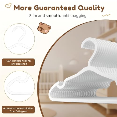 VILICK Plastic Kids Hangers - 100 Pack Non-Slip Baby Clothes Hangers for Closet, Toddler & Newborn Clothing Pants, Skirts, Coats (White) - Image 3