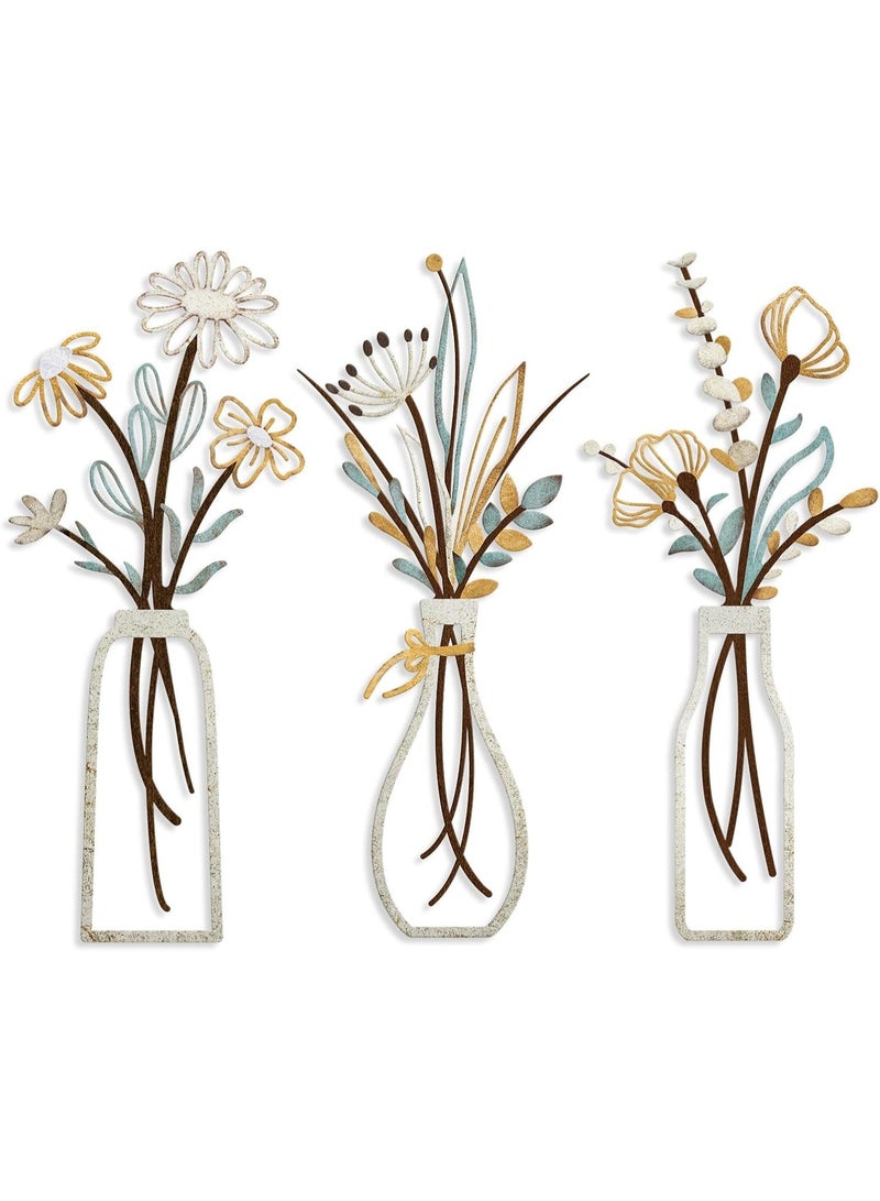 انسجام 3 قطع من فنون الزهور المعدنية على الحائط - ديكور ريفي بسيط باللون البيج لغرفة المعيشة والحمام وغرفة النوم وغرفة الطعام وهدايا الترحيب بالمنزل الجديد - Image 1