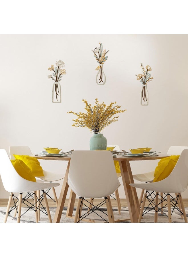 انسجام 3 قطع من فنون الزهور المعدنية على الحائط - ديكور ريفي بسيط باللون البيج لغرفة المعيشة والحمام وغرفة النوم وغرفة الطعام وهدايا الترحيب بالمنزل الجديد - Image 3