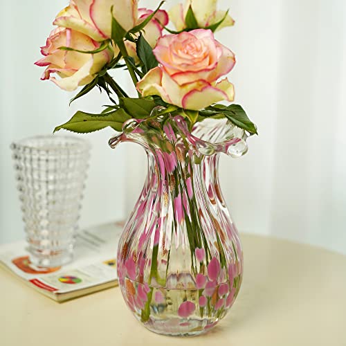 QFkris Handblown Glass Vase, Modern Art Flower Vase with Pink Petal Decorative for Home Decor, 8.5 inch Tall for Living Room Dining Tabletop Centerpiece Statement Office Decoration - Image 4