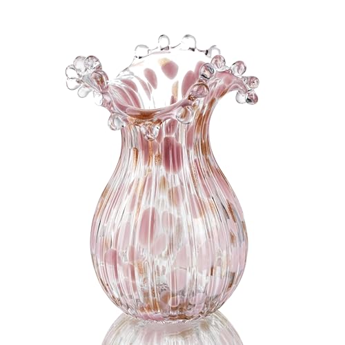 QFkris Handblown Glass Vase, Modern Art Flower Vase with Pink Petal Decorative for Home Decor, 8.5 inch Tall for Living Room Dining Tabletop Centerpiece Statement Office Decoration - Image 1
