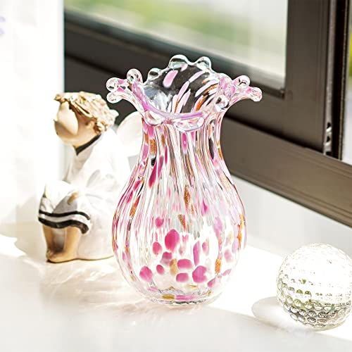 QFkris Handblown Glass Vase, Modern Art Flower Vase with Pink Petal Decorative for Home Decor, 8.5 inch Tall for Living Room Dining Tabletop Centerpiece Statement Office Decoration - Image 5