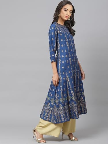 Yash Gallery Women's Rayon Floral Print Anarkali Kurta (US, Alpha, X-Small, Regular, Regular, Blue) - Image 3
