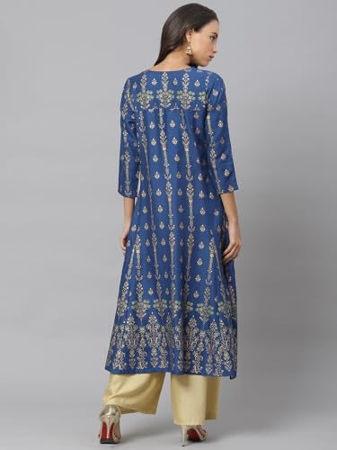 Yash Gallery Women's Rayon Floral Print Anarkali Kurta (US, Alpha, X-Small, Regular, Regular, Blue) - Image 4