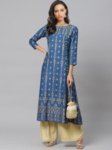 Yash Gallery Women's Rayon Floral Print Anarkali Kurta (US, Alpha, X-Small, Regular, Regular, Blue) - Image 2