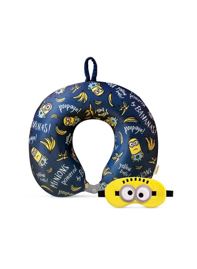 Miniso Minions Travel Neck Pillow with Eye Mask, Cute Cartoon 100% Memory Foam Neck Support Pillow, Lightweight Travelling Pillow Set for Airplane, Car and Home Use - Image 1